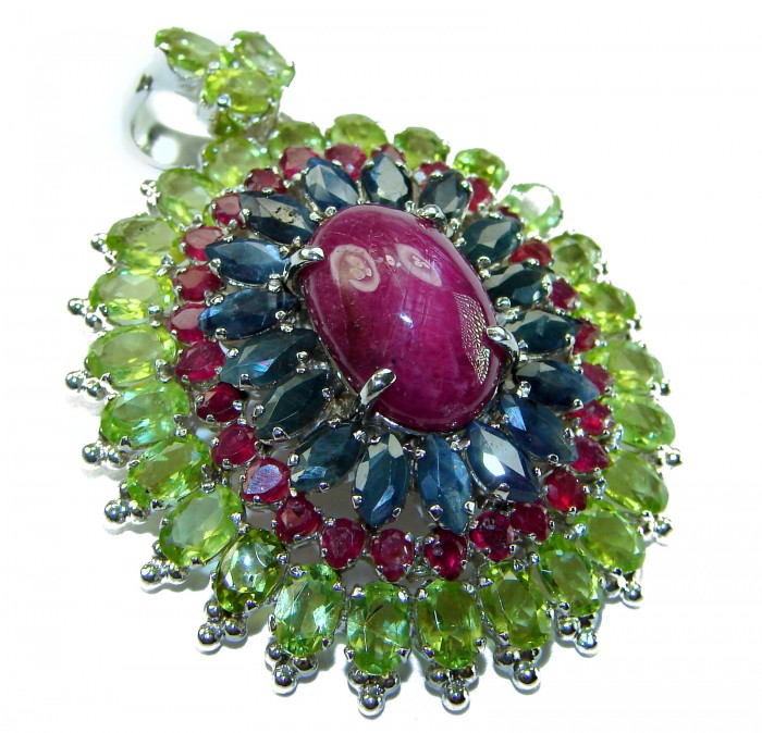 Giovanna- Victorian style - 49.5 carat Authentic Star Ruby .925 Sterling Silver handcrafted Pendant Brooch - Star ruby pendant with green and blue stones, top view close-up.