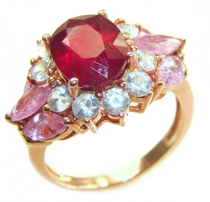 Bella Rosa Genuine 8.8 carat Kasmir Ruby .925 Sterling Silver dipped in 22K Rose Gold Statement Ring size 7 1/2 - Close-up of Bella Rosa ring with ruby and surrounding gemstones.