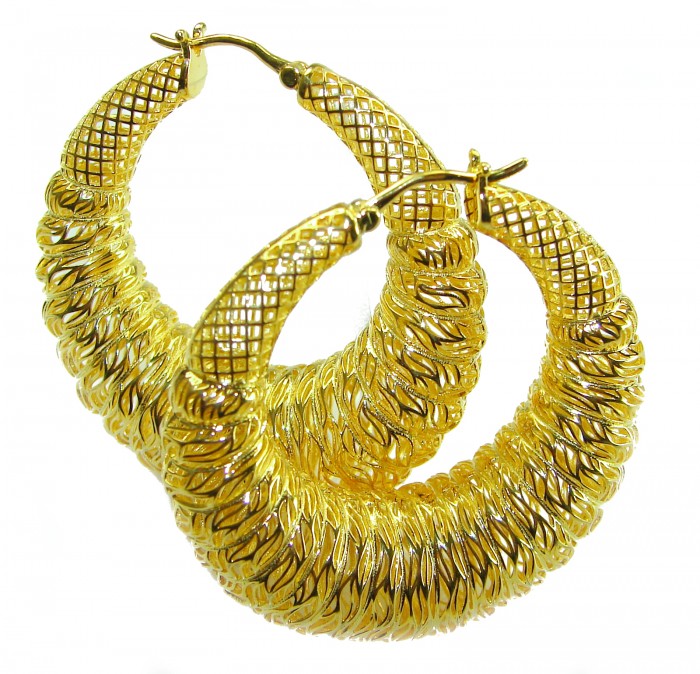Black Label Collection - Dubai Style - Natural 22K Gold over .925 Sterling Silver handmade LARGE hoop earrings - Gold earrings, textured design, clasp detail, shown from front angle.