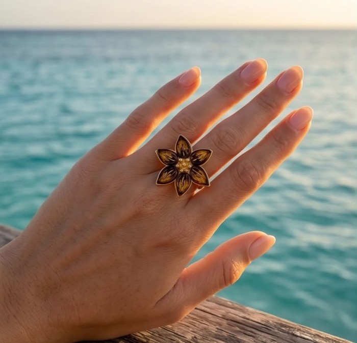 Golden Flower Authentic Baltic Amber 18K Gold over .925 Sterling Silver handcrafted ring; s. 7 adjustable - Golden flower amber ring worn on hand by the ocean.
