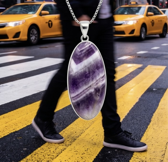 Chevron Amethyst - stone with enhanced spiritual power .925 Sterling Silver dipped in rhodium handcrafted Pendant - Chevron Amethyst pendant close-up with city street background.