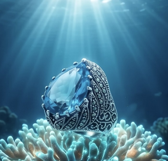 Massive Deep Blue 18.8 carat Aquamarine .925 Sterling Silver handcrafted ring size 7 - Underwater view of ornate aquamarine ring on coral background.