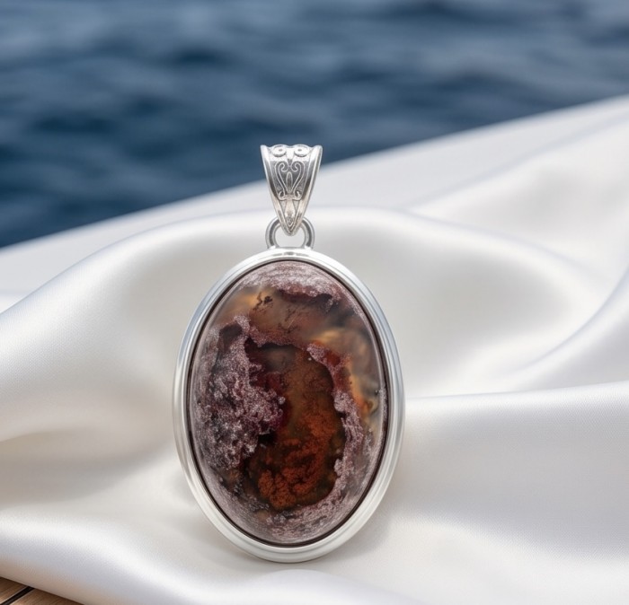 New Galaxy 29.5 ctw Authentic Mexican Opal.925 Sterling Silver handmade Pendant - Mexican Opal pendant close-up with sterling silver setting