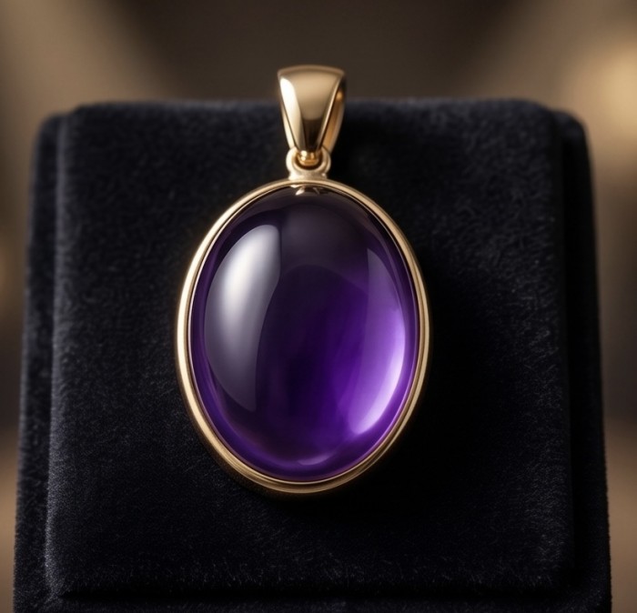 Mademoiselle - 12.5 carat natural Amethyst .925 Sterling Silver dipped in 22K Gold handcrafted Pendant - Close-up of Mademoiselle amethyst pendant on black background.