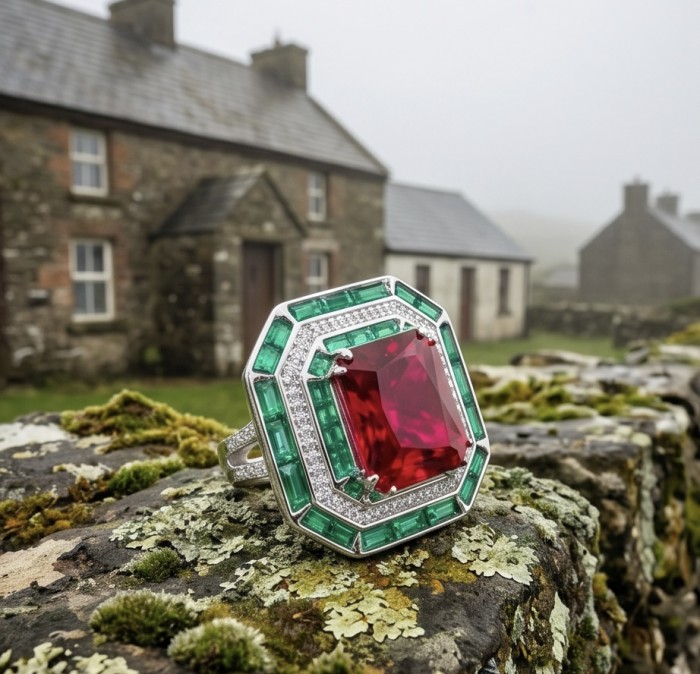 Art Deco 19.4 ctw Ruby Emerald .925 Sterling Silver handcrafted Large Statement Ring size 8 1/4 - Close-up of Art Deco ruby and emerald ring on a mossy stone wall.
