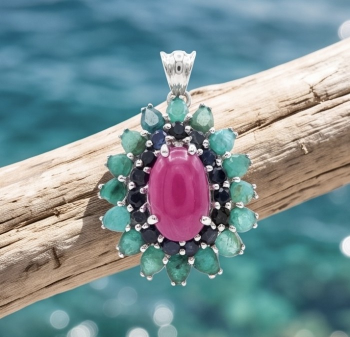 Rose Garden - authentic 25.5 carat Ruby Emerald rhodium over .925 Sterling Silver handcrafted Pendant - Pendant with ruby and emerald stones on driftwood, ocean background