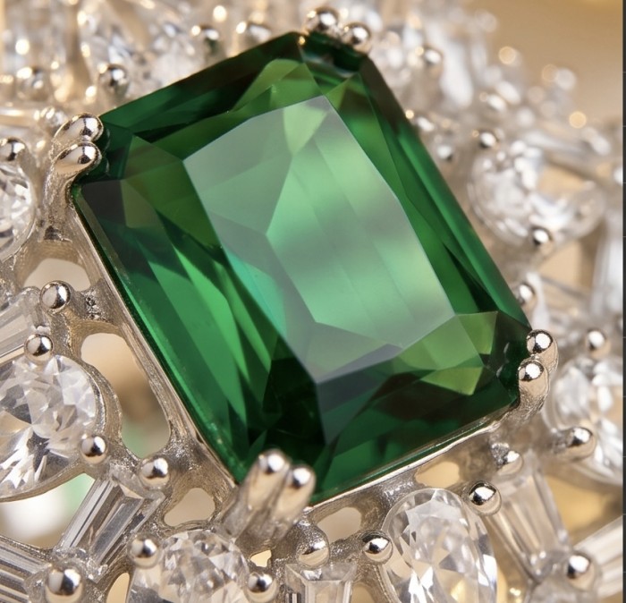 Giovanna - Authentic 4.4 carat COLOMBIAN EMERALD .925 Sterling Silver dipped in rhodium handcrafted Statement Ring size 8 - Emerald stone close-up in sterling silver setting.