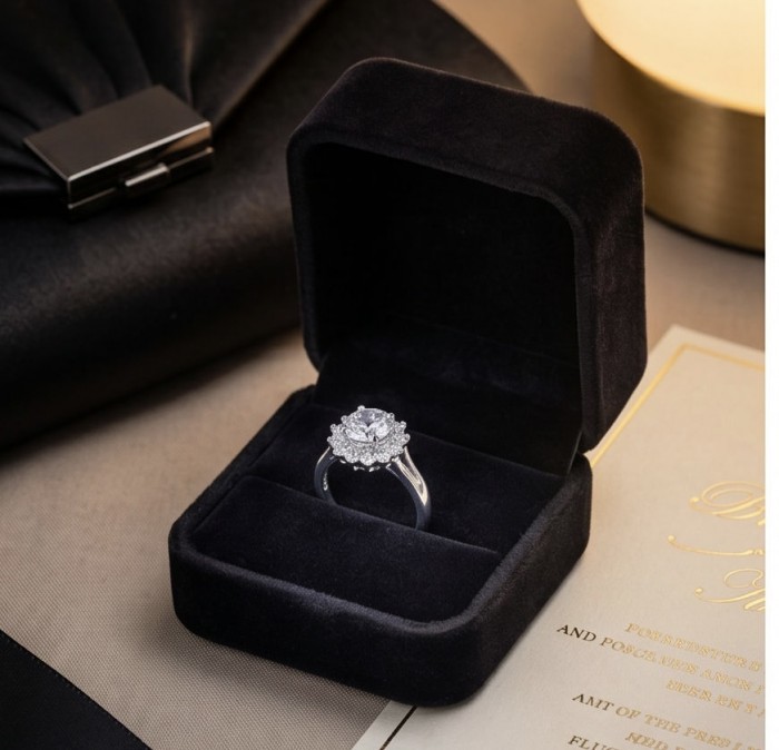 Aphrodite - 4.8 carat White Topaz Silver handcrafted Soild ring size 8 - Engagement ring in black box, featuring 4.8 carat white topaz stone.