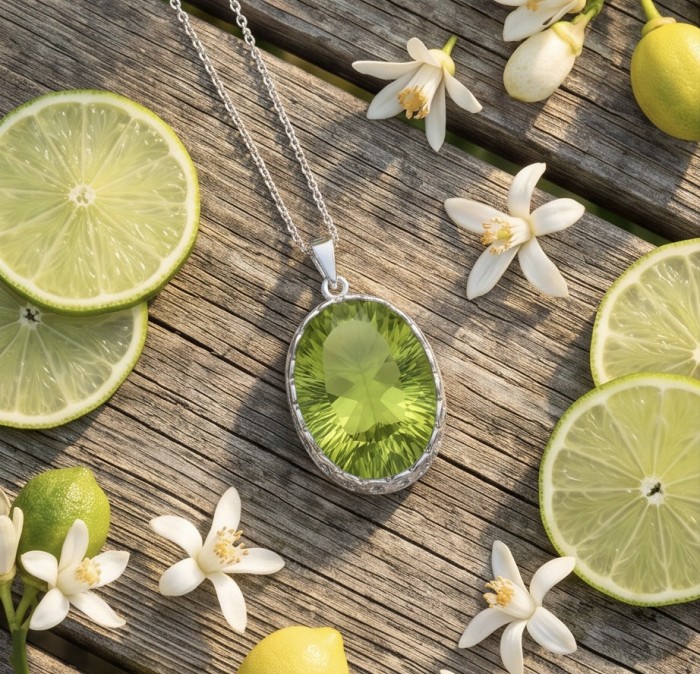 Wise Bliss Authentic 31.6 carat Green Amethyst .925 Sterling Silver handmade Pendant - Green amethyst pendant with limes and blossoms on rustic wood backdrop.