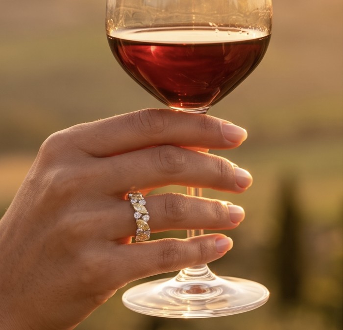 9.5 carat yellow Sapphire rhodium over .925 Silver handcrafted Cocktail Ring s. 7 1/4 - Ring worn on hand holding wine glass, showcasing yellow sapphire details.