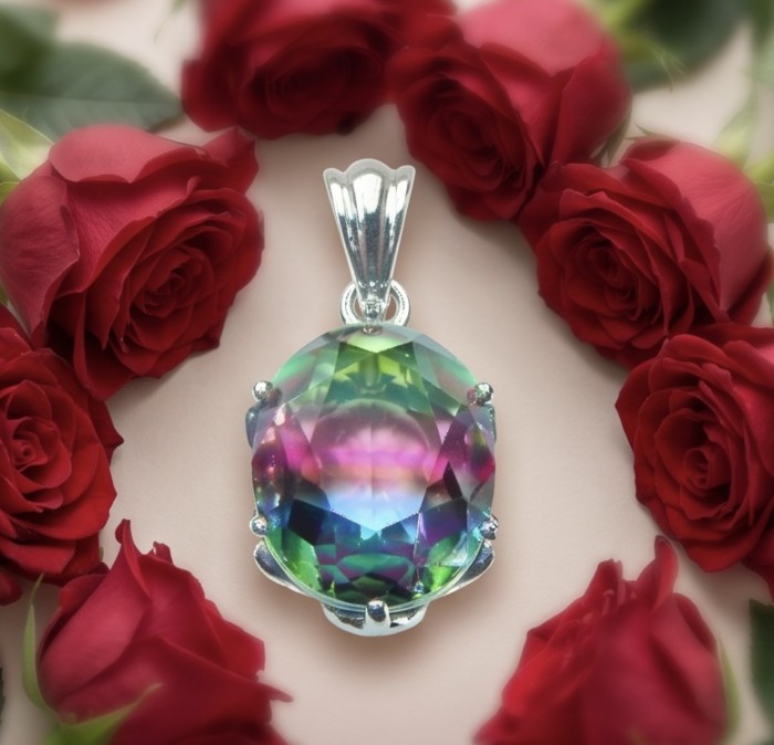 5.2 carat oval cut Brazilian Tourmaline .925 Sterling Silver Perfectly handcrafted pendant - Oval Brazilian Tourmaline pendant with roses, front view close-up.