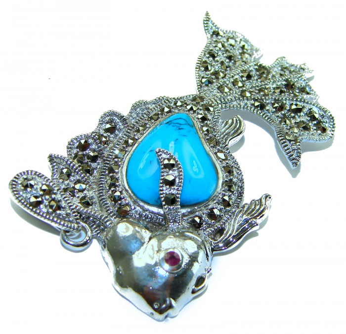 Large Blue Fish Genuine Turquoise .925 Sterling Silver handcrafted Pendant - photo 2