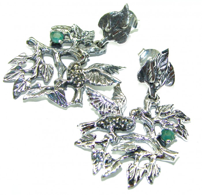Wild Jungle Emerald Marcasite .925 Sterling Silver handcrafted .925 Sterling Silver earrings - photo 3