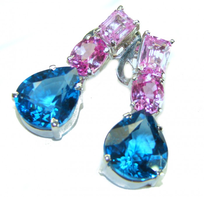 Summer 22.5 carat Pink Sapphire Swiss Blue Topaz .925 Sterling Silver handmade Statement earrings - photo 3