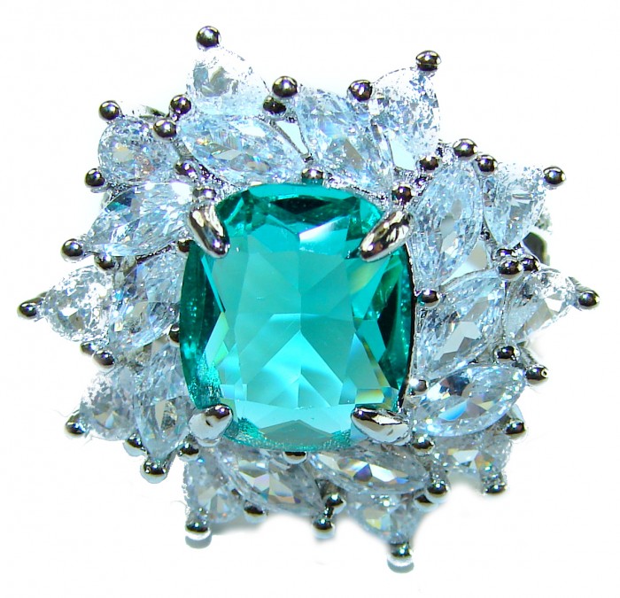 Luxurious 6.5 ctw Colombian Emerald .925 Sterling Silver handcrafted Statement Ring size 7 1/2 - Close-up of luxurious Colombian emerald ring with sterling silver setting.