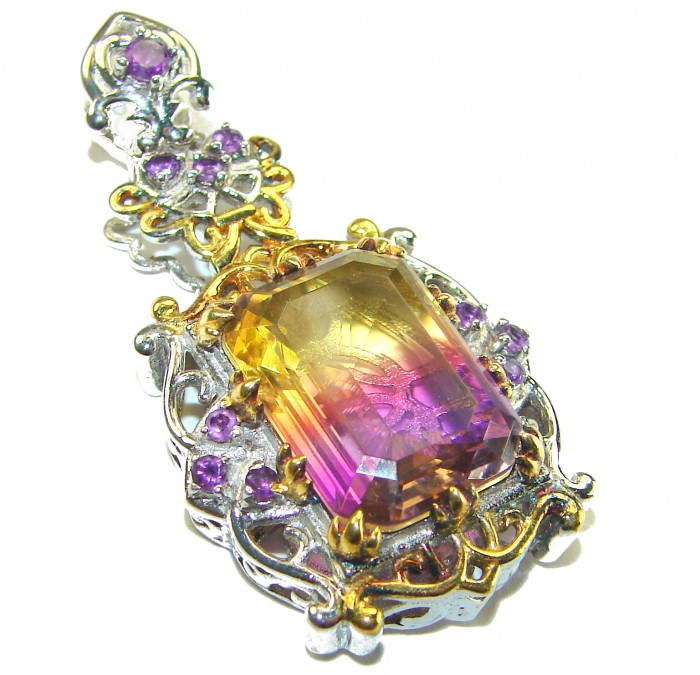 Deluxe baquette cut 12.5 carat Ametrine 18K Gold over .925 Sterling Silver handmade Pendant - photo 2