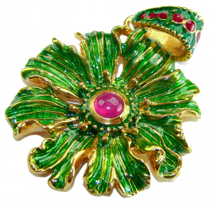 Countless Blessings Genuine 0.5 carat Authentic Ruby enamel 18K Gold over .925 Sterling Silver handmade Pendant - Floral pendant with ruby, green enamel detailing, top angle view.