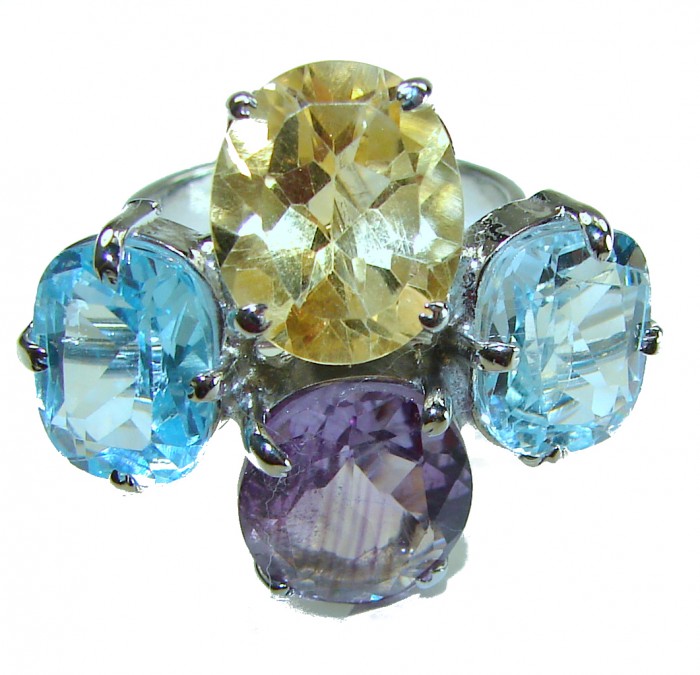 Serenity - Authentic 17.5 carat Multigem .925 Sterling Silver handcrafted Cocktail Ring s. 8 - Close-up of Serenity ring with multicolored gemstones and sterling silver.