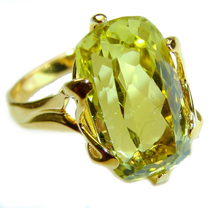 8.8 carat Genuine Lemon Quartz 14K Gold over .925 Sterling Silver handcrafted ring size 7 - Close-up of 8.8 carat lemon quartz ring in 14K gold over sterling silver.