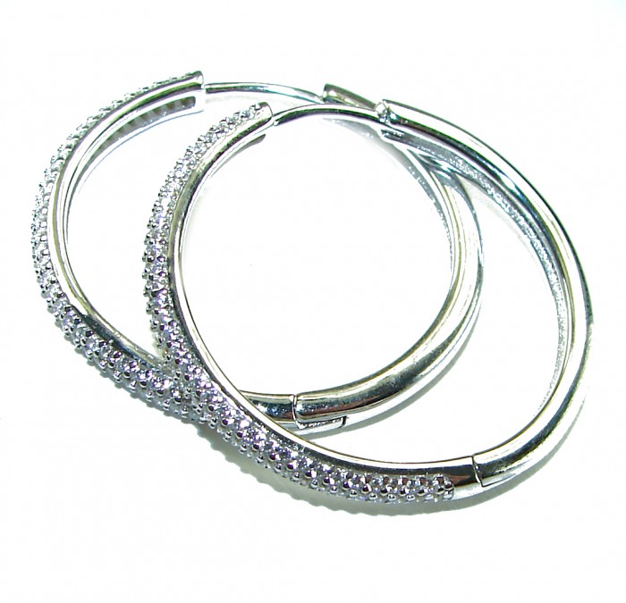 Allure Natural 8.2 carat White Topaz .925 Sterling Silver handcrafted hoop earrings - Side view of sterling silver hoop earrings with white topaz stones.