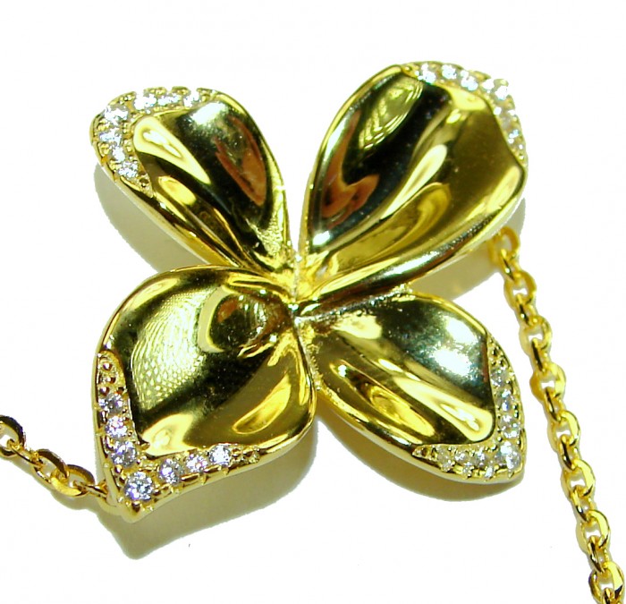Lotus flower White Topaz highly polished 18K Gold over .925 Sterling Silver Italy made bracelet - Close-up of lotus flower pendant, 18K gold over .925 with white topaz.
