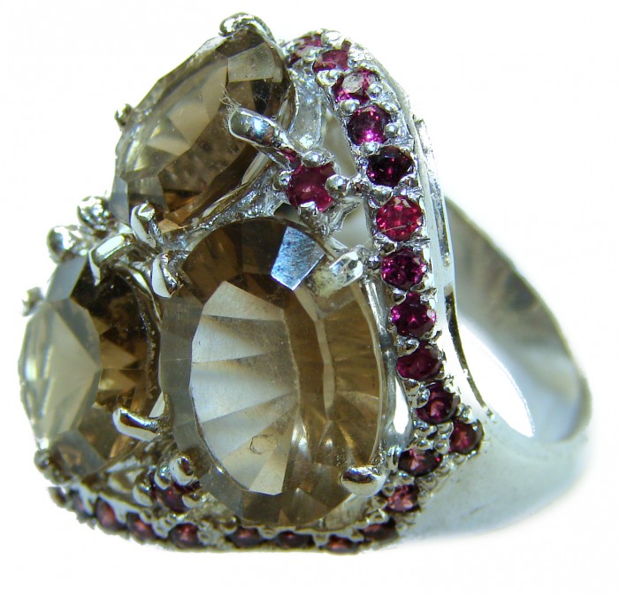 Celestial peace 27.5 carat Champagne Smoky Topaz Ruby .925 Sterling Silver HUGE Ring size 8 - Close-up of Celestial Peace ring with smoky topaz and ruby details