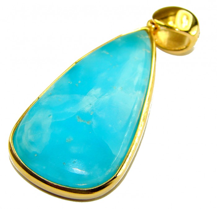 Best quality 58.5 carat Authentic Caribbean Larimar 22K Gold over .925 Sterling Silver handmade pendant - Teardrop Larimar pendant with gold setting, close-up view.