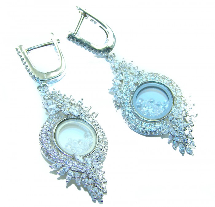 Floating Memories 11.5 carat White Topaz .925 Sterling Silver Handcrafted Statement earrings - Dangling earrings with white topaz and sterling silver, side view.