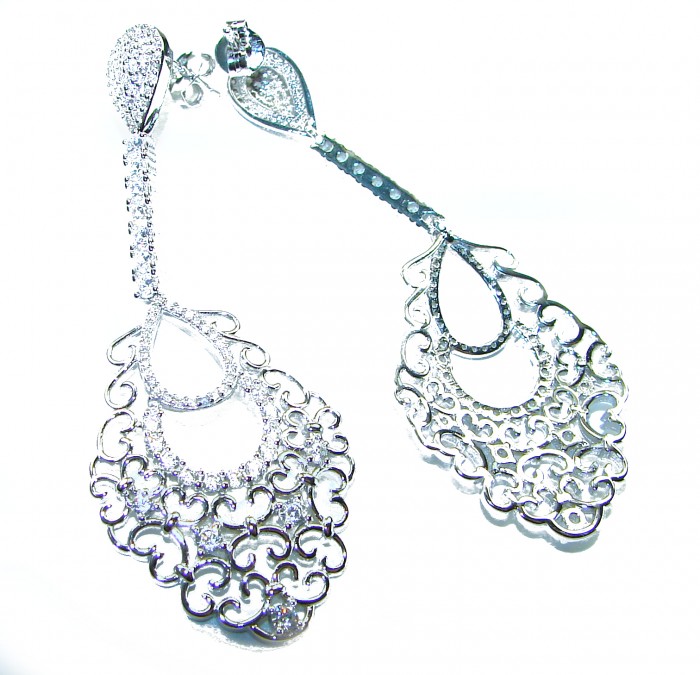 Pure Luxury 6.2 carat natural White Topaz .925 Sterling Silver handmade Statement earrings - Elegant white topaz earrings, intricate design, front view.