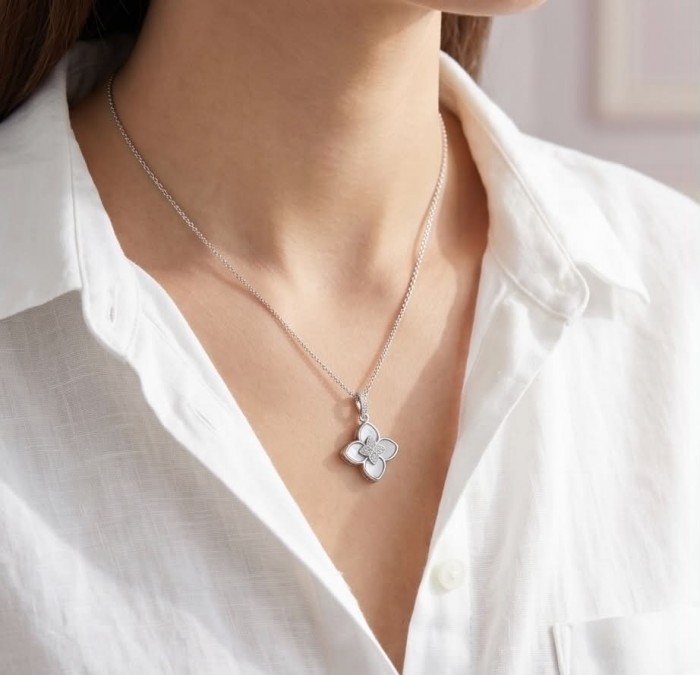 Precious Clover Blister Pearl rhodium over .925 Sterling Silver .925 Sterling Silver Necklace - Necklace worn on neck, Precious Clover Blister Pearl pendant highlighted