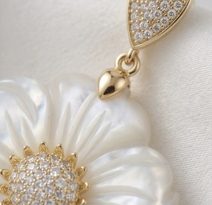 BLOOMING FLOWERS Genuine Blister Pearl 0.2 CARAT lab grown Diamond 18K Gold over .925 Sterling Silver handcrafted Statement Earrings - Close-up of BLOOMING FLOWERS pendant with pearl and diamonds detailing.