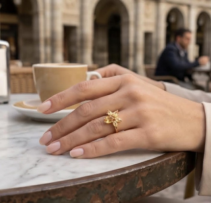 Golden Treasure 8.5 carat Brazilian Citrine 18K Gold over .925 Sterling Silver Handcrafted Ring size 8 - Citrine ring worn on hand at a cafe table.