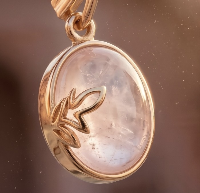 Authentic 10.2 carat Rose Quartz 14K Gold over .925 Silver handcrafted Statement earrings - Close-up of rose quartz pendant in gold setting.