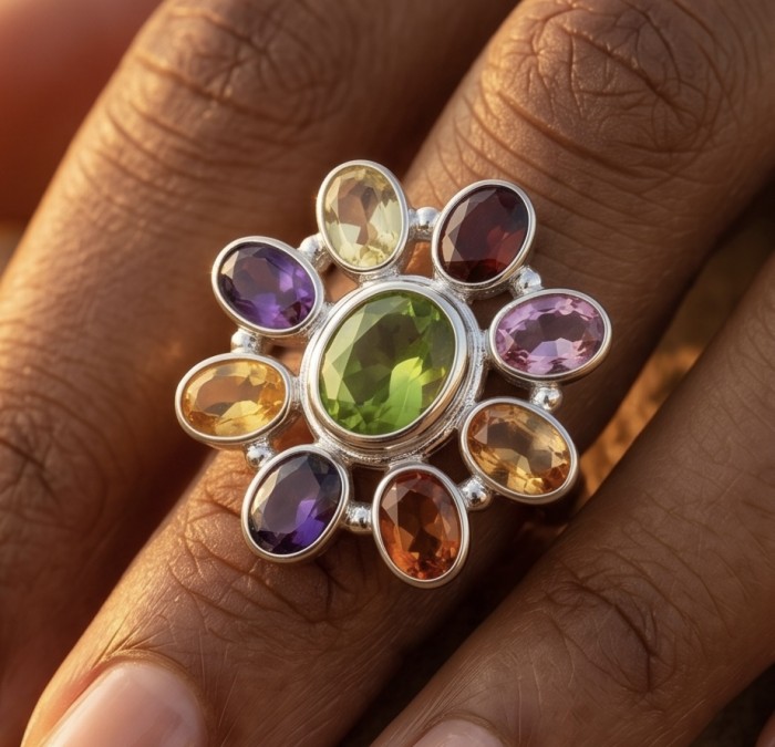 Flower 12.8 carat Authentic Topaz .925 Sterling Silver handcrafted Large ring size 8 1/4 - Ring with colorful gemstones in a flower design worn on hand.