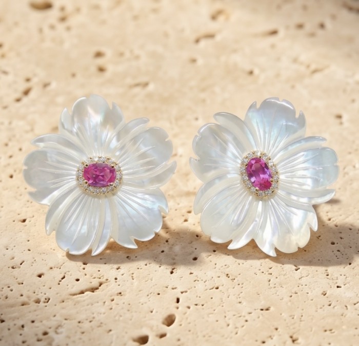 Genuine Blister Pearl 5.9 carat Pink Tourmaline .925 Sterling Silver handcrafted Large Statement Earrings - Close-up of flower-shaped earrings with pink tourmaline and pearls.