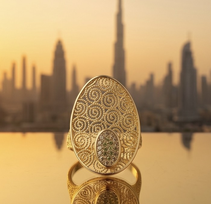 Dubai Style .925 Sterling Silver dipped in 22K Gold handmade Large ring size 8 - Gold ring against Dubai skyline, front view with intricate swirl design