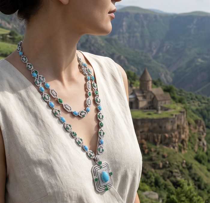 Art Deco - Pacifica - 178.4 carat Turquoise Emerald .925 Sterling Silver handmade Statement necklace; 24 inches long - Side view of Art Deco Pacifica necklace with turquoise and emerald stones