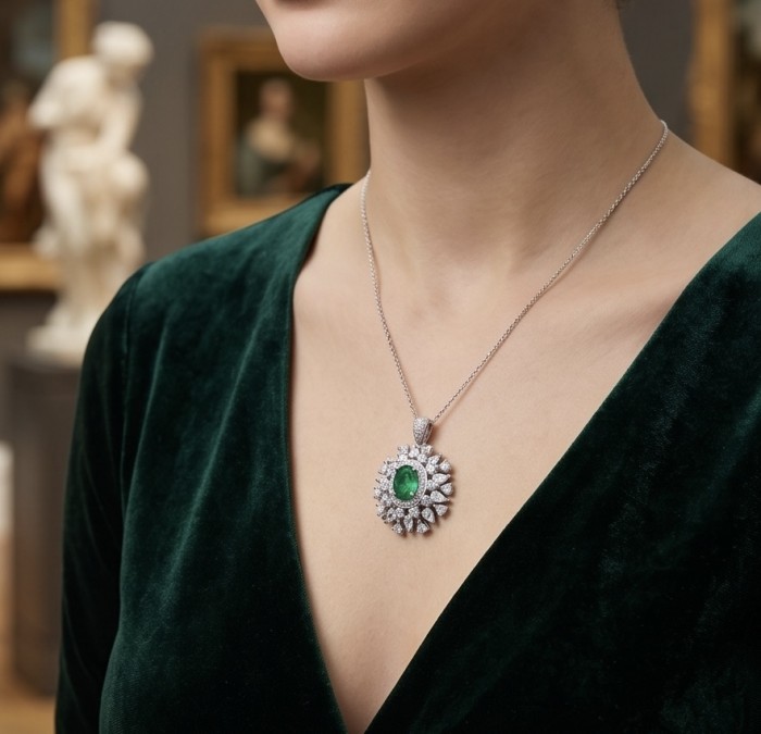 Isabella 3.8 carat Emerald .925 Sterling Silver Perfectly handcrafted pendant - Emerald pendant necklace worn, close-up against green velvet backdrop.