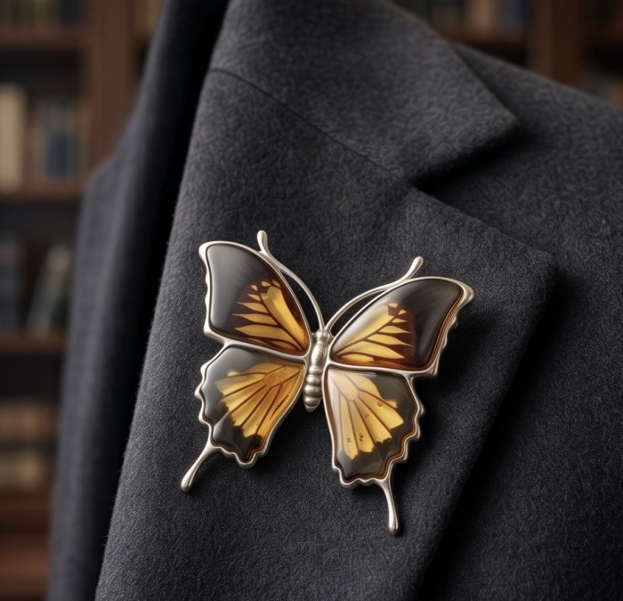 Large Golden Butterfly carved Baltic Polish Amber .925 Sterling Silver handcrafted Pendant - Butterfly amber brooch on coat, close-up view