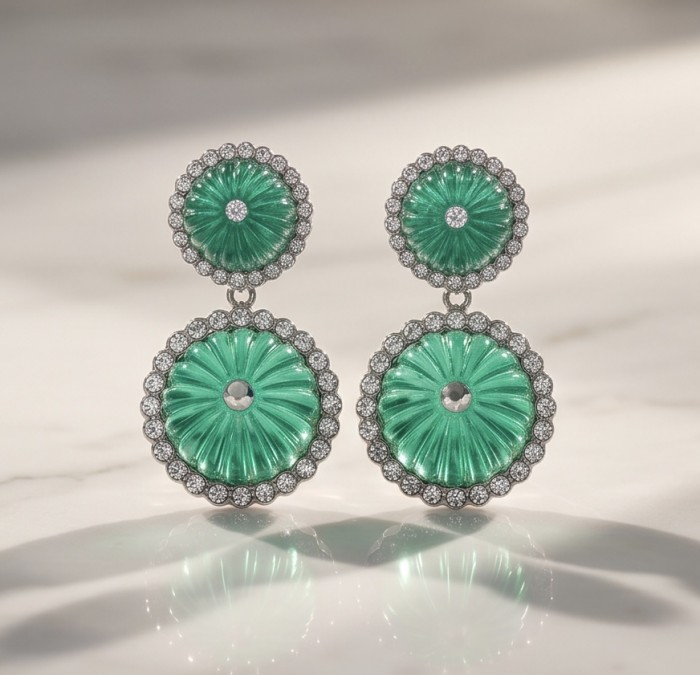 Art Deco - Rio de Janeiro - 41.2 carat carved Apatite .925 Sterling Silver handmade Earrings - Art Deco earrings, carved Apatite, front view on marble surface.