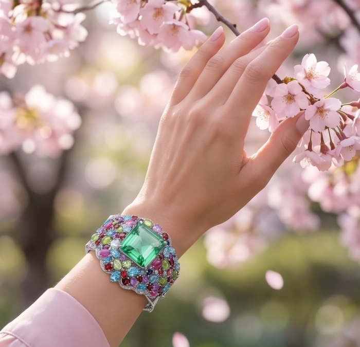 Abundance of Blessing Authentic 42.9 Apatite multigems .925 Sterling Silver handmade bangle Bracelet - Bracelet with multicolored gems and large green stone, worn on hand.