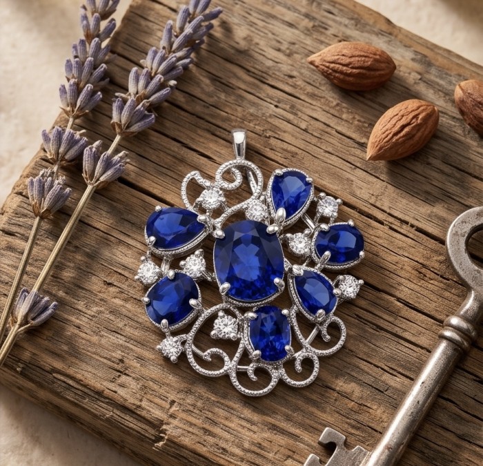 Julietta 24.5 carat Sapphire .925 Sterling Silver dipped in rhodium handmade Pendant Brooch - Blue sapphire pendant on wood with lavender and vintage key, top view.