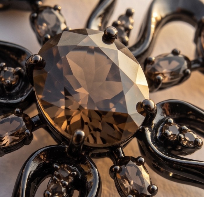Conqueror Authentic 9.5 carat carved 10.8 CARAT Smoky Topaz black rhodium over .925 Sterling Silver handmade Statement Pendant - Smoky Topaz gemstone in close-up with intricate metalwork detail.
