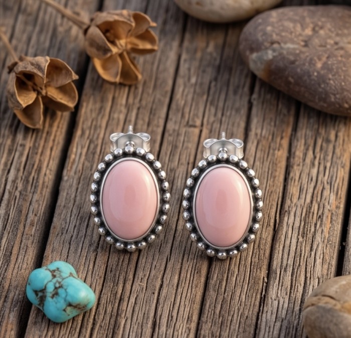 4.2 carat Pink Opal .925 Sterling Silver incredible handcrafted Earrings - Pink Opal and Sterling Silver earrings, close-up on a wood background.