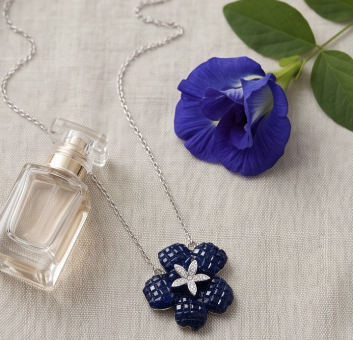 Blue Flower mystery setting 19.2 carat natural Sapphire .925 Sterling Silver Necklace - Top view of blue sapphire flower pendant with perfume and flower.