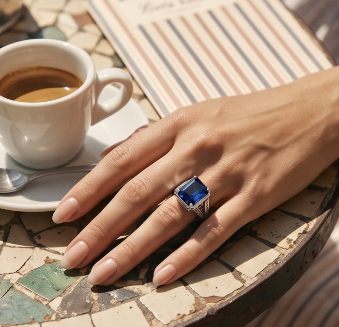 Two in one- Authentic 10.1 carat Kyanite .925 Sterling Silver handcrafted Convertible Ring size 6 - Kyanite ring on hand with coffee cup on mosaic table.