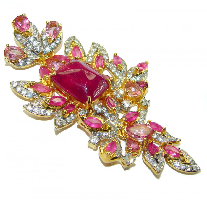 Vintage Design Genuine Ruby 18K Gold over .925 Sterling Silver handmade Large Statement Pendant - photo 2