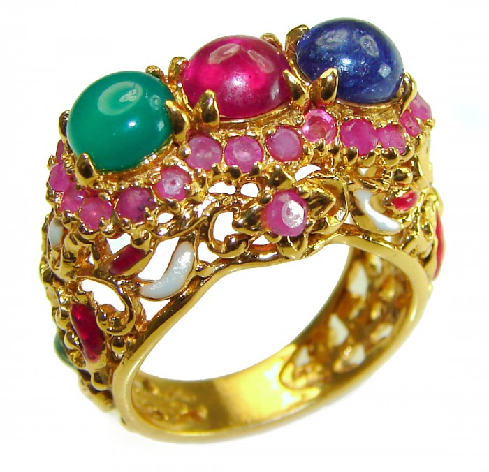 Magnificent 10.9 carat Natural Ruby Emerald Sapphire Enemel 18K Gold over . 925 Sterling Silver handcrafted Statement Ring size 6 - photo 4