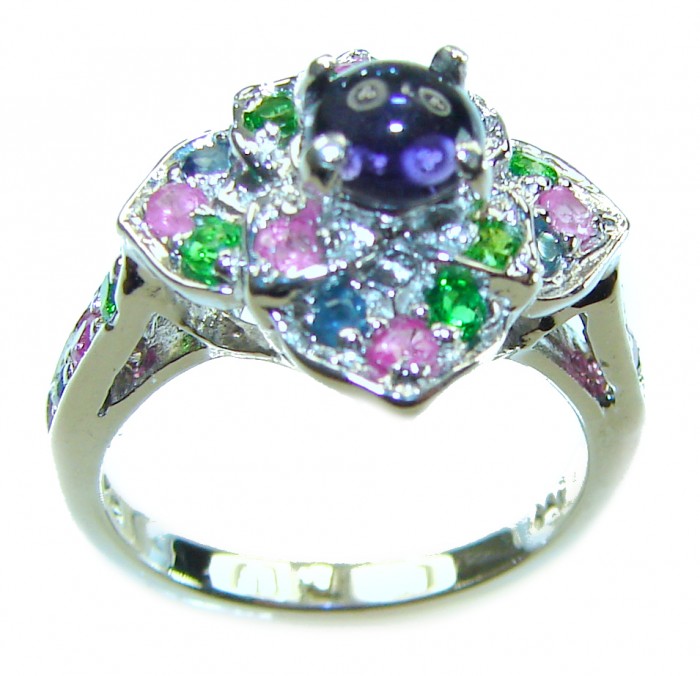 Floral design 0.5 carat AUTHENTIC Tanzanite .925 Sterling Silver Handcrafted Ring size 5 - Side view of floral design Tanzanite ring with colorful gemstones.