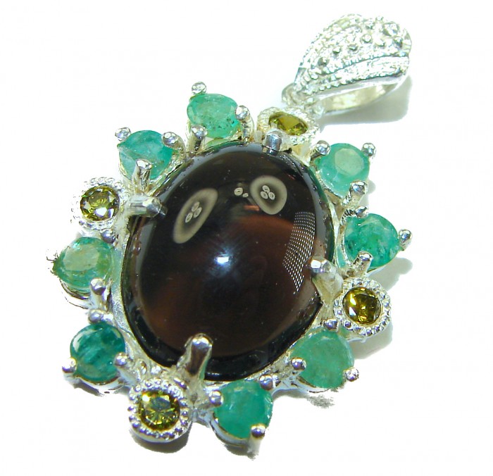 Smoky Topaz Brazilian 8.5 carat Smoky Topaz 2 tones .925 Sterling Silver handmade Pendant - Close-up of Smoky Topaz pendant with emerald-like accents.